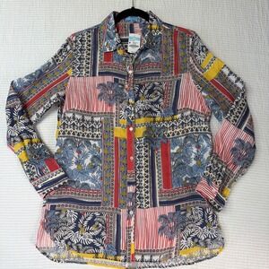 J McLaughlin Womens Britt Top 100 % Linen Button Down Shirt Resort Print Sz M